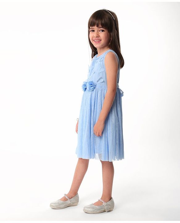 Babyhug Sleeveless Shimmered Party Frock with 3D Butterfly & Floral Applique - Blue