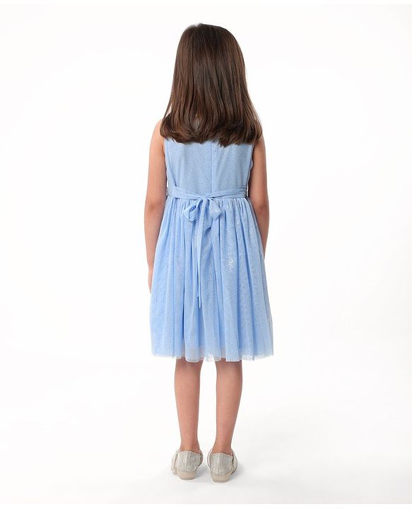 Babyhug Sleeveless Shimmered Party Frock with 3D Butterfly & Floral Applique - Blue