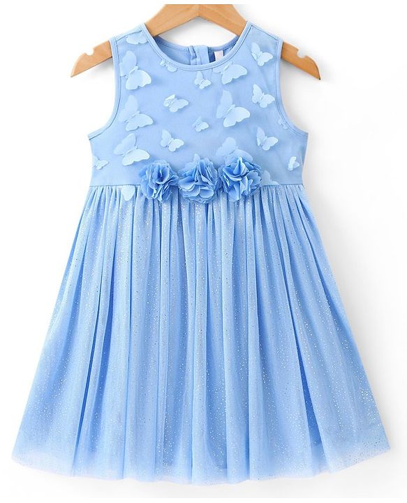 Babyhug Sleeveless Shimmered Party Frock with 3D Butterfly & Floral Applique - Blue