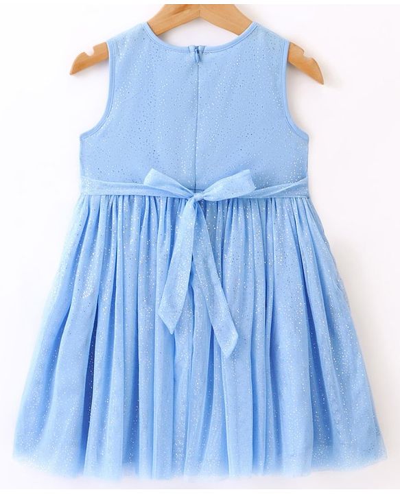 Babyhug Sleeveless Shimmered Party Frock with 3D Butterfly & Floral Applique - Blue