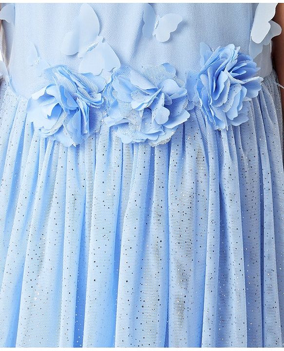 Babyhug Sleeveless Shimmered Party Frock with 3D Butterfly & Floral Applique - Blue