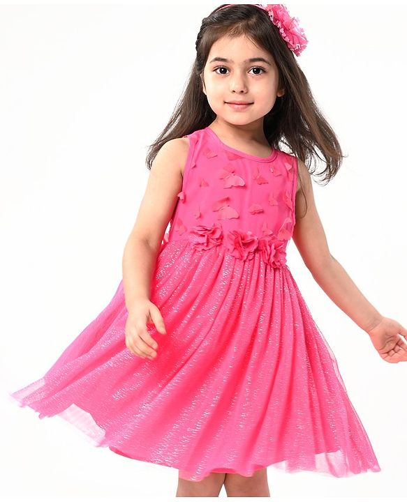 Babyhug Sleeveless  Solid Dress With Flower Applique - Fuschia