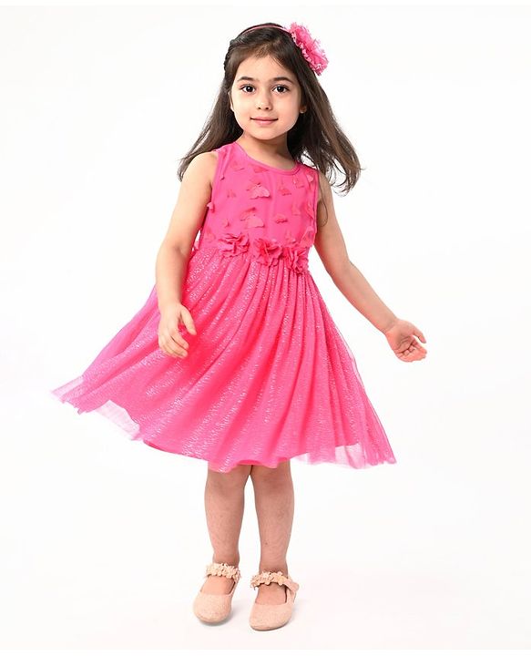 Babyhug Sleeveless  Solid Dress With Flower Applique - Fuschia