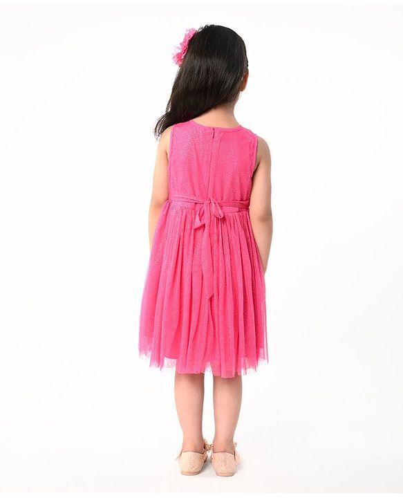 Babyhug Sleeveless  Solid Dress With Flower Applique - Fuschia