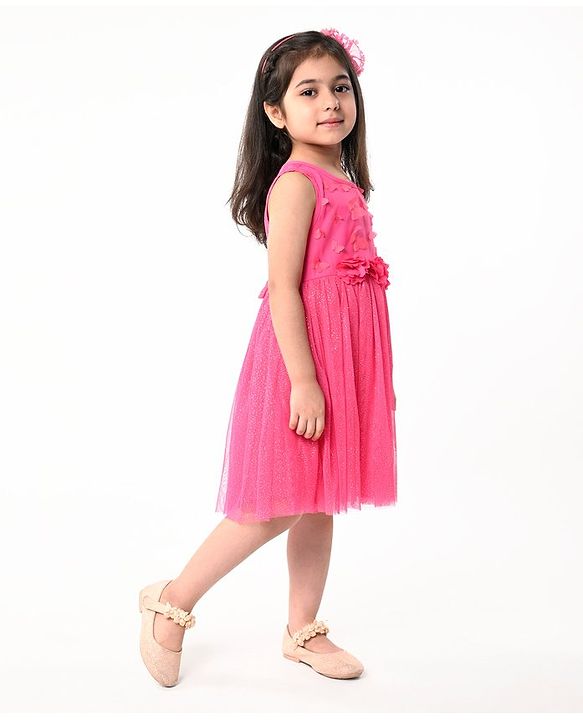 Babyhug Sleeveless  Solid Dress With Flower Applique - Fuschia