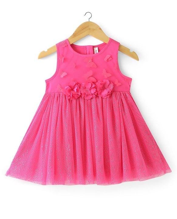 Babyhug Sleeveless  Solid Dress With Flower Applique - Fuschia