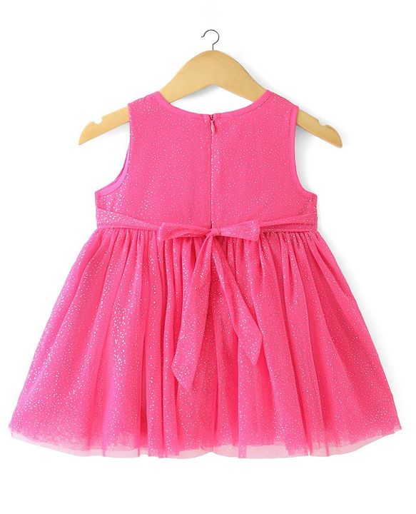 Babyhug Sleeveless  Solid Dress With Flower Applique - Fuschia
