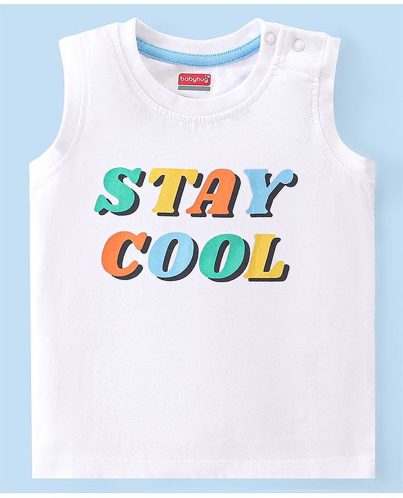 Babyhug Cotton Knit Sleeveless T-Shirt & Denim Shorts With Text Print - White & Blue