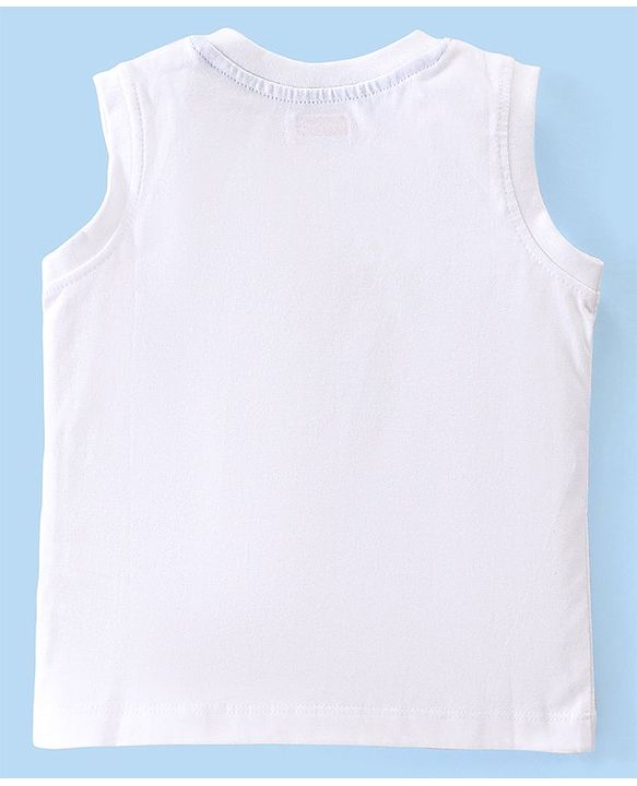 Babyhug Cotton Knit Sleeveless T-Shirt & Denim Shorts With Text Print - White & Blue