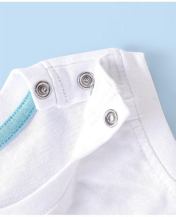 Babyhug Cotton Knit Sleeveless T-Shirt & Denim Shorts With Text Print - White & Blue