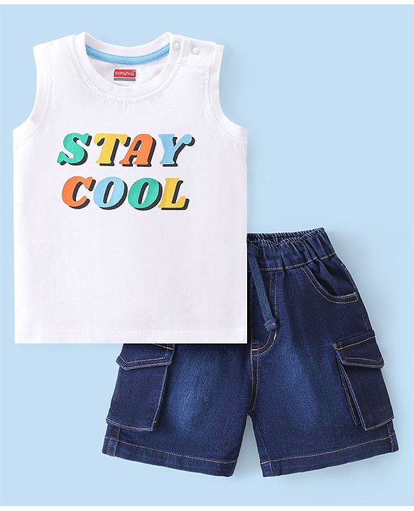 Babyhug Cotton Knit Sleeveless T-Shirt & Denim Shorts With Text Print - White & Blue