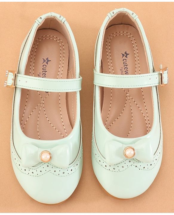 Cute Walk by Babyhug Buckled Closure Ballerina With Bow & Pearl Applique- Green