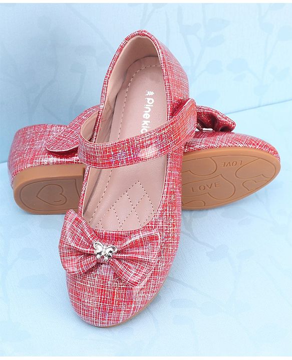 Pine Kids Ballerinas with Velcro Closure & Bow Applique - Red