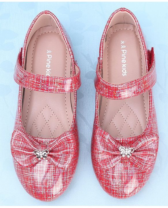 Pine Kids Ballerinas with Velcro Closure & Bow Applique - Red