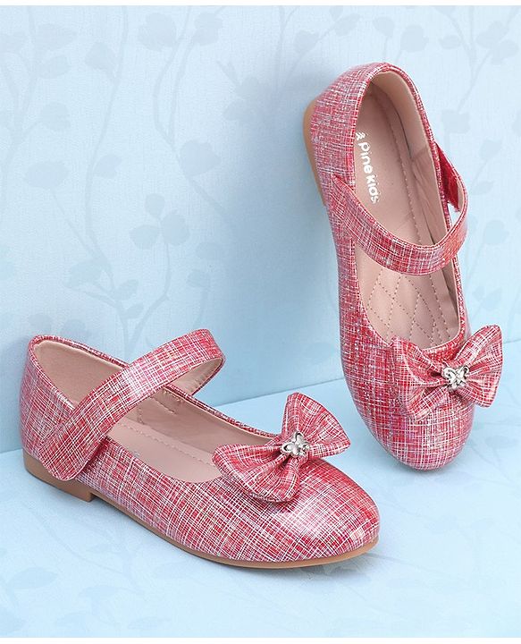 Pine Kids Ballerinas with Velcro Closure & Bow Applique - Red
