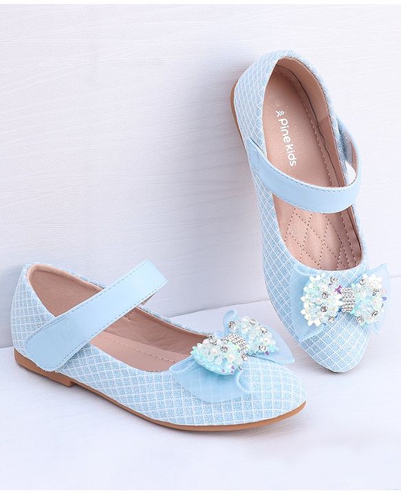 Pine Kids Ballerina with Stud Detailing Bow Applique & Velcro Closure -Blue