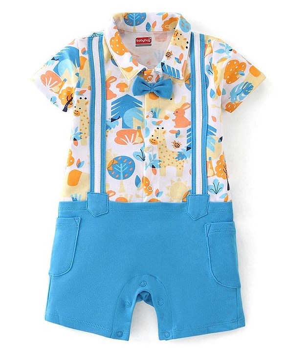 Babyhug 100% Cotton Knit Half Sleeves Party Romper with Bow Tie & Bunny Print - Blue