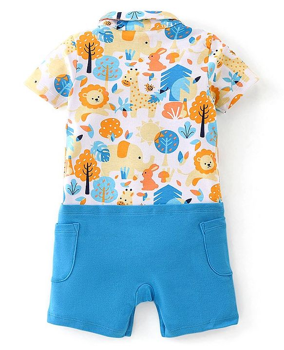 Babyhug 100% Cotton Knit Half Sleeves Party Romper with Bow Tie & Bunny Print - Blue