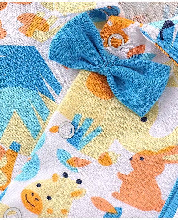 Babyhug 100% Cotton Knit Half Sleeves Party Romper with Bow Tie & Bunny Print - Blue