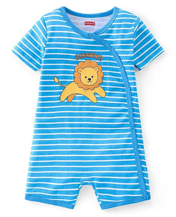 Babyhug 100% Cotton Knit Half Sleeves Romper With Striped & Lion Print - Blue