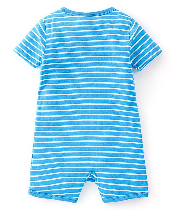 Babyhug 100% Cotton Knit Half Sleeves Romper With Striped & Lion Print - Blue
