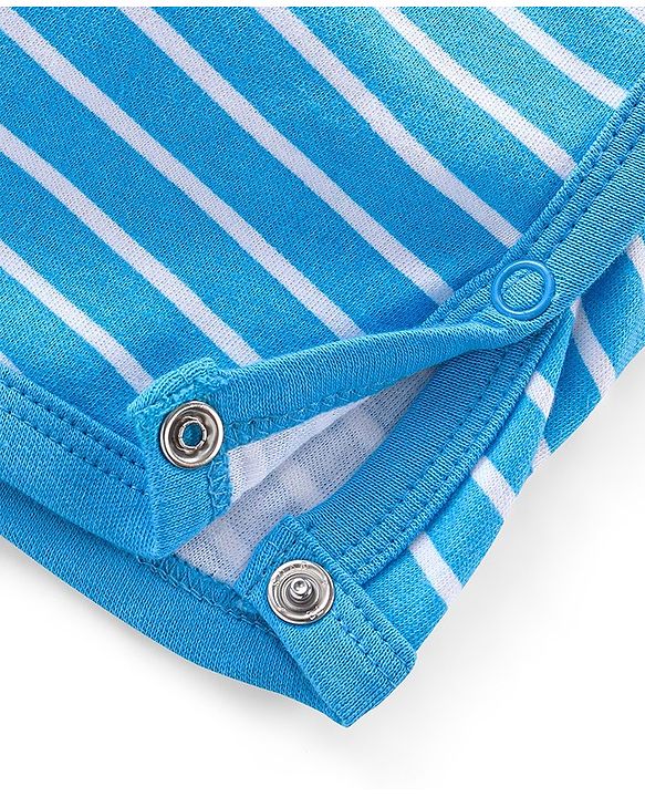 Babyhug 100% Cotton Knit Half Sleeves Romper With Striped & Lion Print - Blue