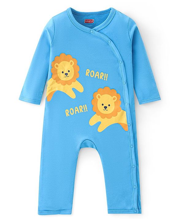 Babyhug 100% Cotton Knit Full Sleeves Romper With Lion Print - Blue