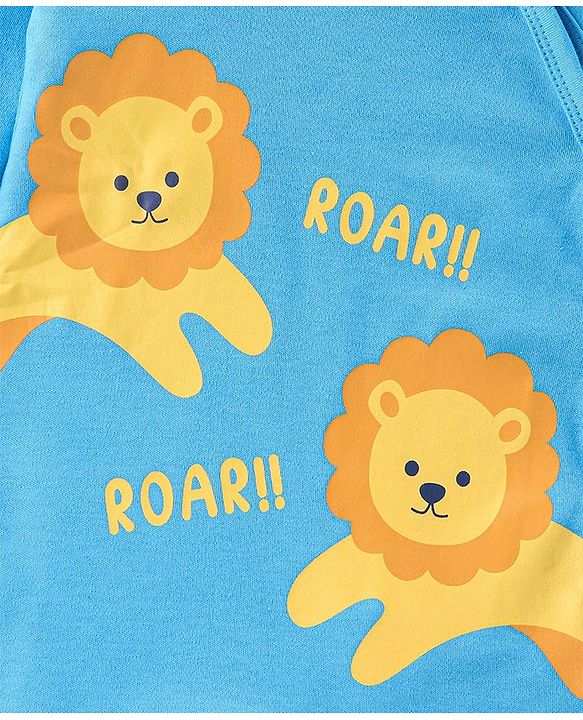 Babyhug 100% Cotton Knit Full Sleeves Romper With Lion Print - Blue