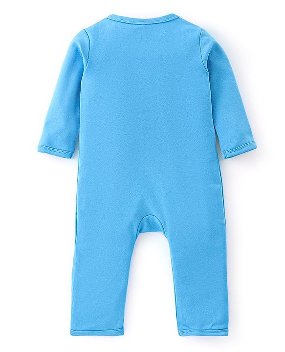 Babyhug 100% Cotton Knit Full Sleeves Romper With Lion Print - Blue