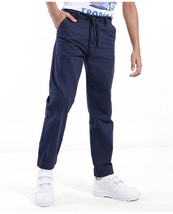 Pine Kids Cotton Woven Full Length Comfort Fit Solid With Stretch Lounge Pants  - Navy Blue