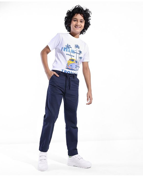 Pine Kids Cotton Woven Full Length Comfort Fit Solid With Stretch Lounge Pants  - Navy Blue