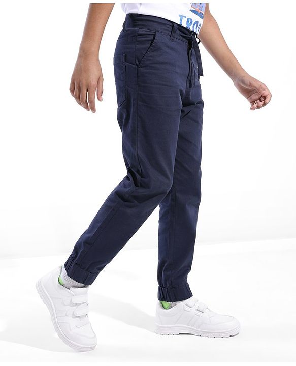 Pine Kids Cotton Woven Full Length Comfort Fit Solid With Stretch Lounge Pants  - Navy Blue
