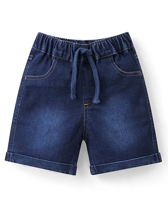 Babyhug Cotton Knit Half Sleeves T-Shirt & Denim  Shorts Set with Monkey Print - Blue