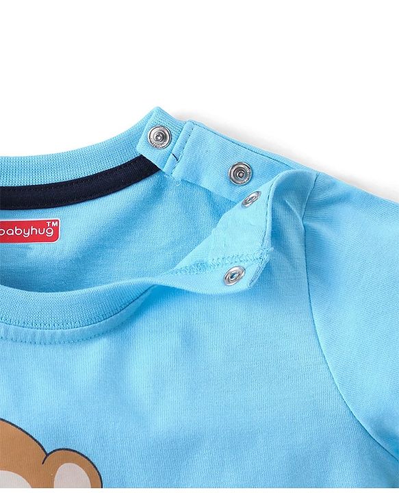 Babyhug Cotton Knit Half Sleeves T-Shirt & Denim  Shorts Set with Monkey Print - Blue