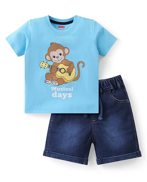 Babyhug Cotton Knit Half Sleeves T-Shirt & Denim  Shorts Set with Monkey Print - Blue