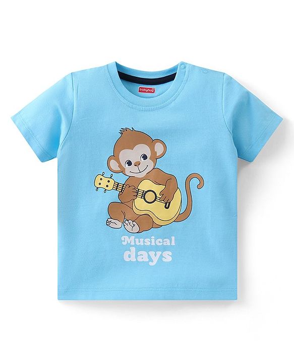 Babyhug Cotton Knit Half Sleeves T-Shirt & Denim  Shorts Set with Monkey Print - Blue