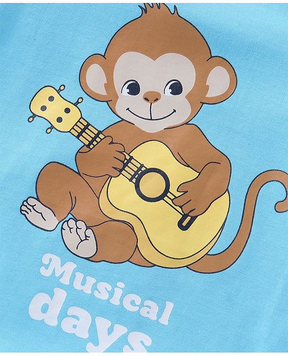 Babyhug Cotton Knit Half Sleeves T-Shirt & Denim  Shorts Set with Monkey Print - Blue