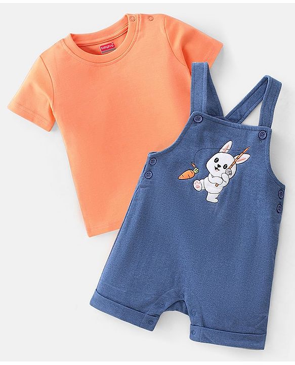 Babyhug 100% Cotton Single Jersey Knit Dungaree and Half Sleeves Tee Set Bunny Print - Orange & Blue