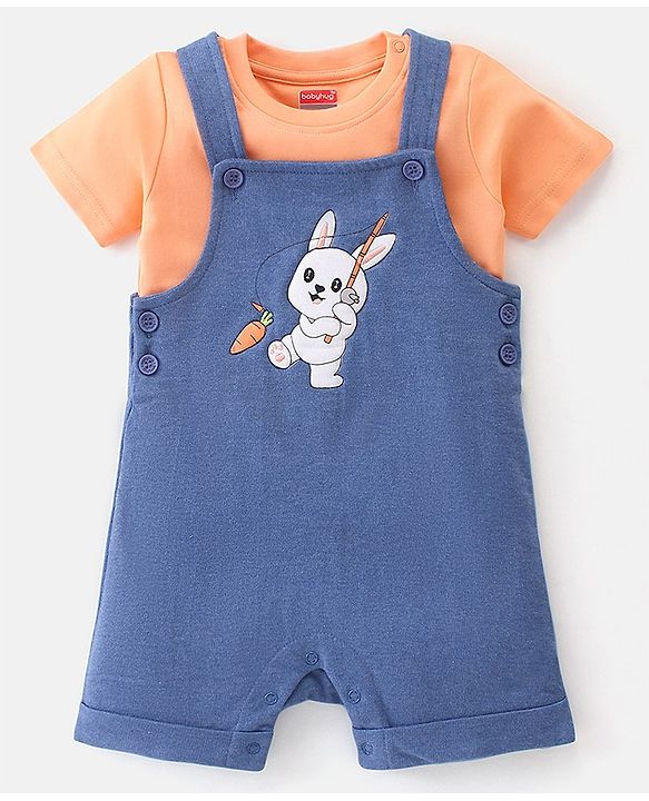 Babyhug 100% Cotton Single Jersey Knit Dungaree and Half Sleeves Tee Set Bunny Print - Orange & Blue