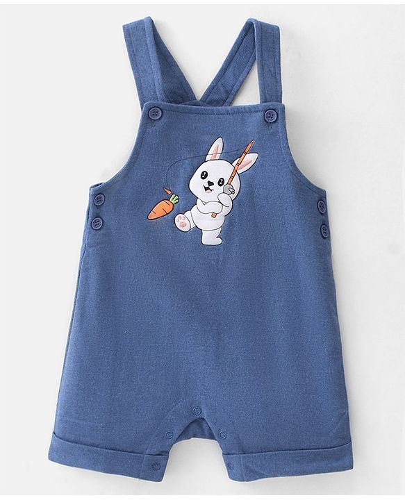 Babyhug 100% Cotton Single Jersey Knit Dungaree and Half Sleeves Tee Set Bunny Print - Orange & Blue
