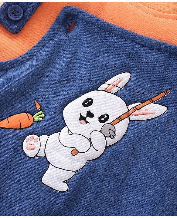 Babyhug 100% Cotton Single Jersey Knit Dungaree and Half Sleeves Tee Set Bunny Print - Orange & Blue