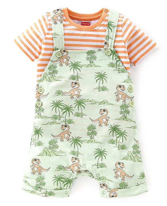 Babyhug 100% Cotton Single Jersey Knit Dino Printed Dungaree and Half Sleeves Striped T-Shirt Set - Orange & Green