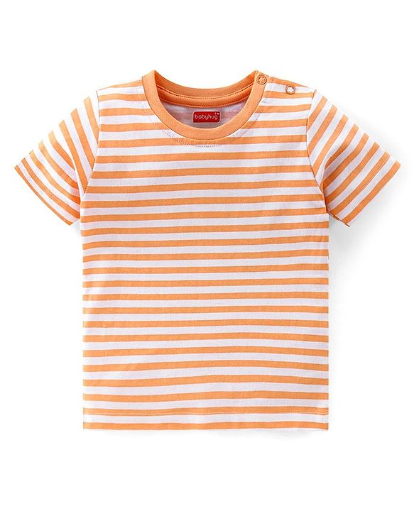 Babyhug 100% Cotton Single Jersey Knit Dino Printed Dungaree and Half Sleeves Striped T-Shirt Set - Orange & Green