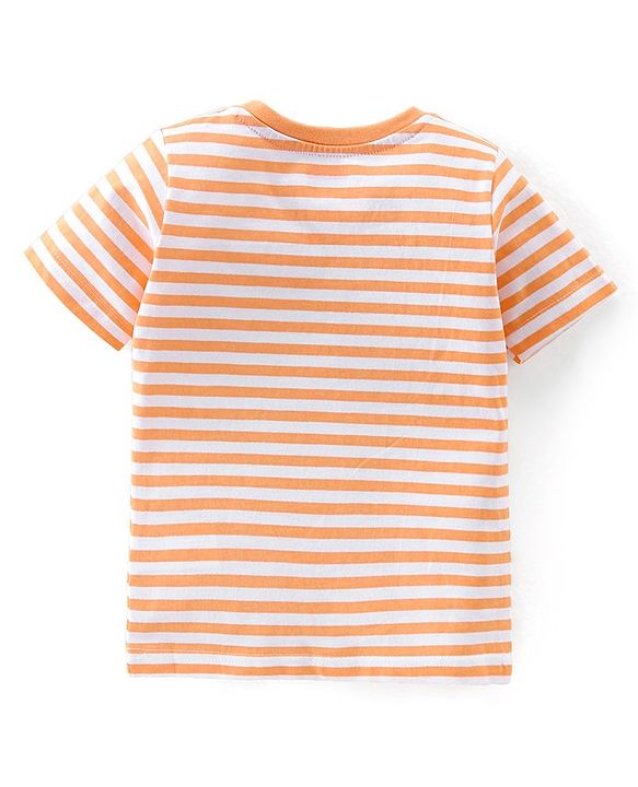 Babyhug 100% Cotton Single Jersey Knit Dino Printed Dungaree and Half Sleeves Striped T-Shirt Set - Orange & Green