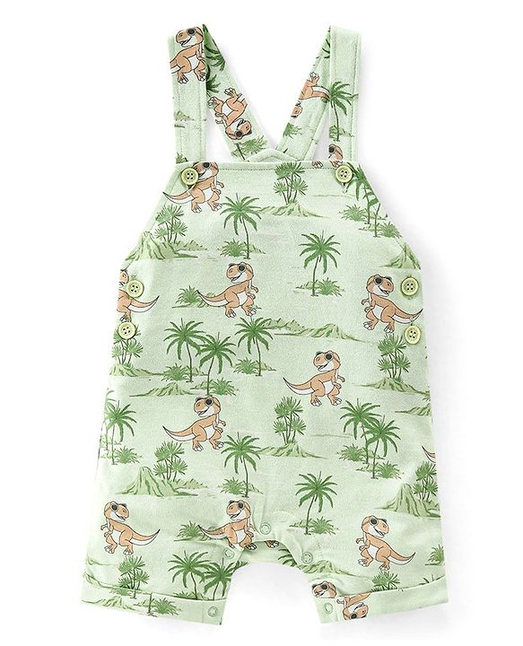 Babyhug 100% Cotton Single Jersey Knit Dino Printed Dungaree and Half Sleeves Striped T-Shirt Set - Orange & Green