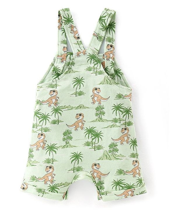 Babyhug 100% Cotton Single Jersey Knit Dino Printed Dungaree and Half Sleeves Striped T-Shirt Set - Orange & Green