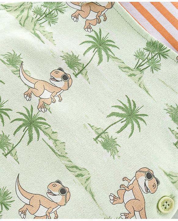 Babyhug 100% Cotton Single Jersey Knit Dino Printed Dungaree and Half Sleeves Striped T-Shirt Set - Orange & Green