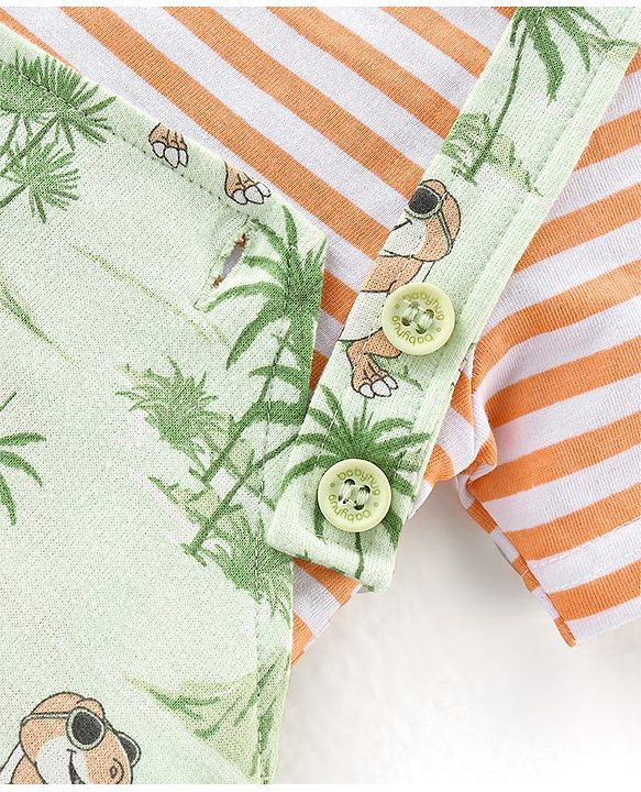 Babyhug 100% Cotton Single Jersey Knit Dino Printed Dungaree and Half Sleeves Striped T-Shirt Set - Orange & Green