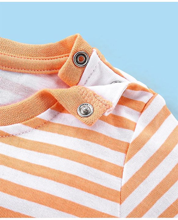 Babyhug 100% Cotton Single Jersey Knit Dino Printed Dungaree and Half Sleeves Striped T-Shirt Set - Orange & Green