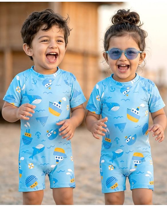 Babyhug Half Sleeves Shark Print Legged Swimsuit - Blue